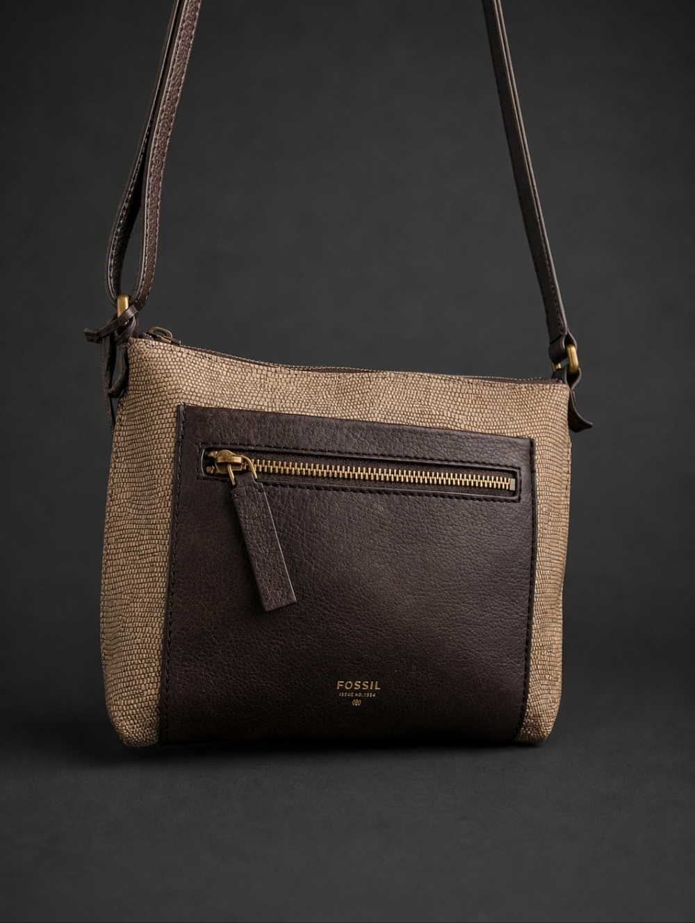 Fossil Dark Brown and Glitter Gold Crossbody Bag